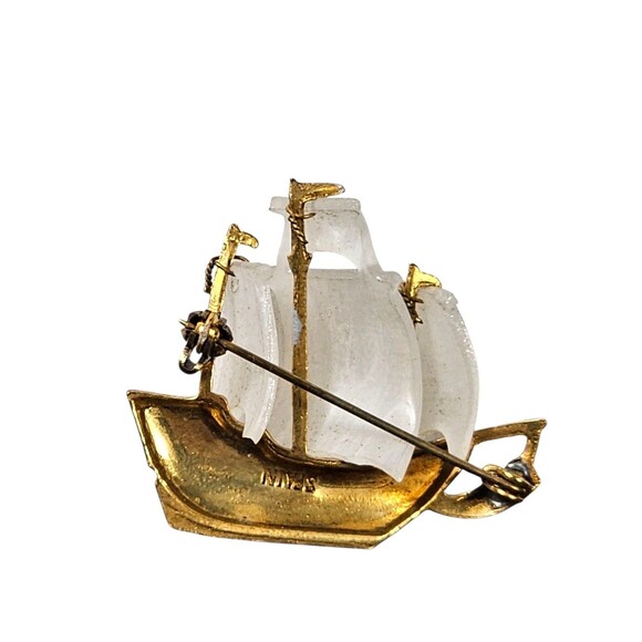 Vintage Ship Brooch Gold Tone Sailing Vessel with Frosted Lucite Sails Art Deco - Picture 3 of 4